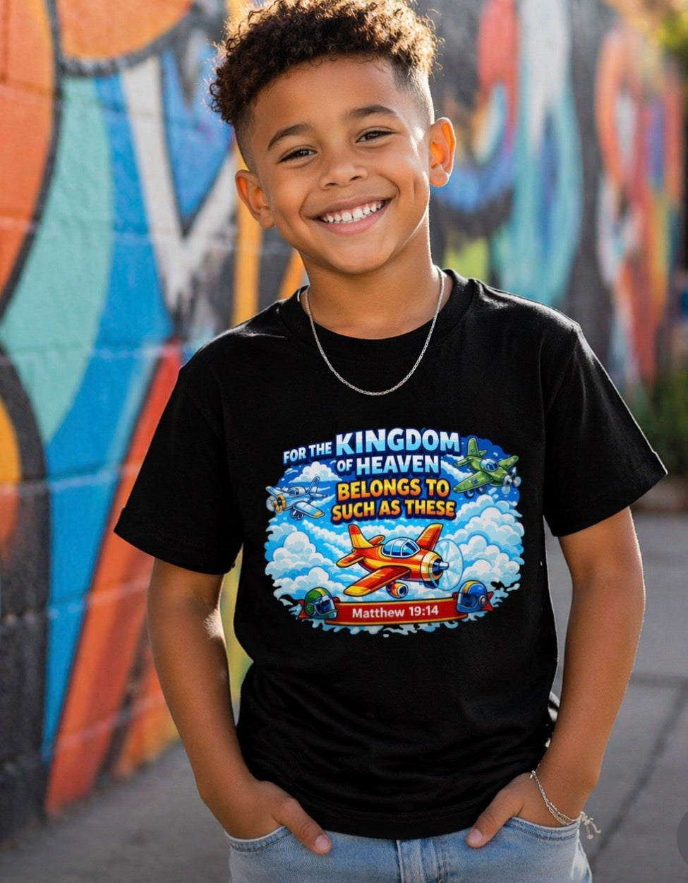 Kingdom Kids Airplane Tee – Matthew 19:14 Faith-Based Boys Shirt