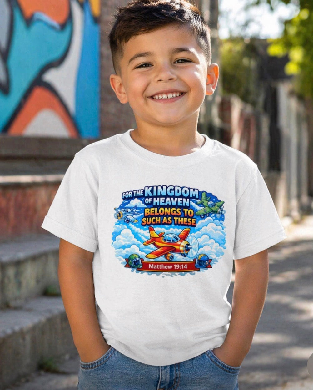 Kingdom Kids Airplane Tee – Matthew 19:14 Faith-Based Boys Shirt