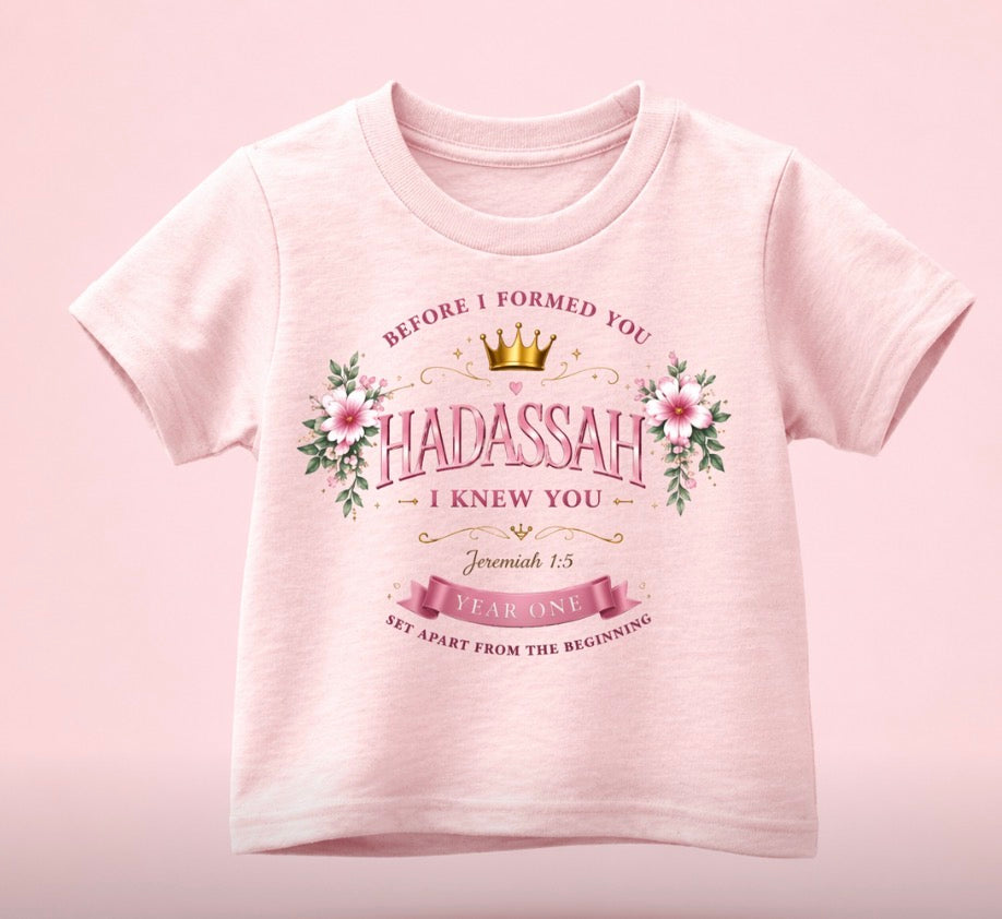 Hadassah “Year One” Birthday Shirt – Jeremiah 1:5 Baby Girl Christian Tee – First Birthday Outfit
