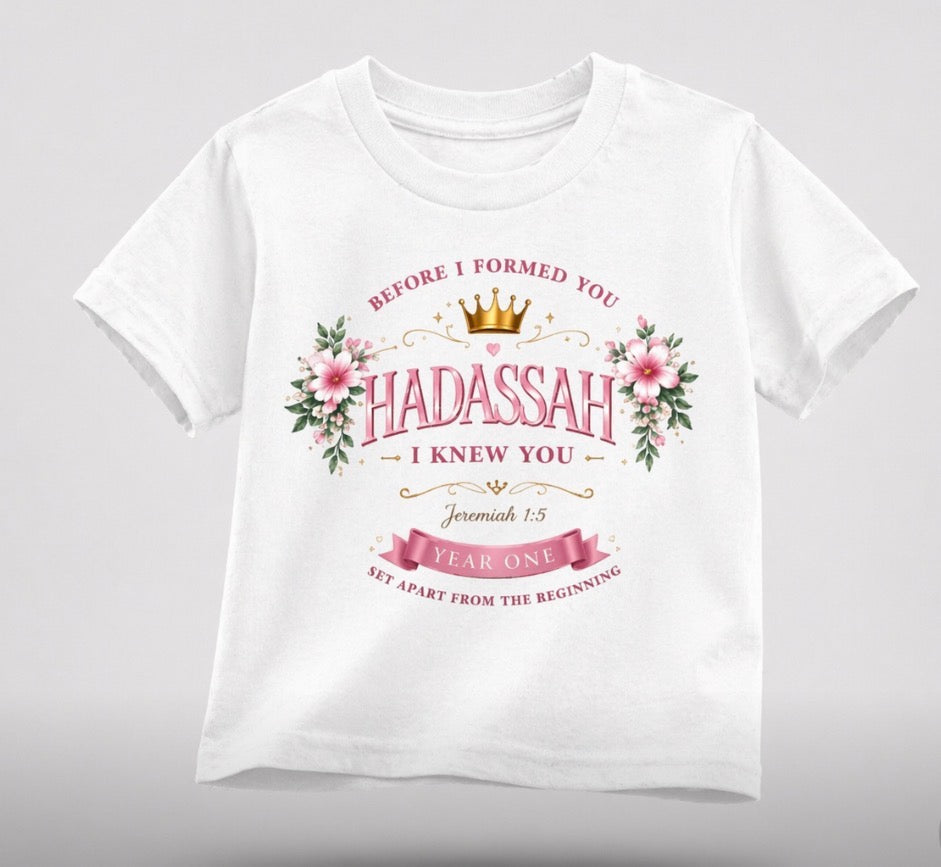 Hadassah “Year One” Birthday Shirt – Jeremiah 1:5 Baby Girl Christian Tee – First Birthday Outfit